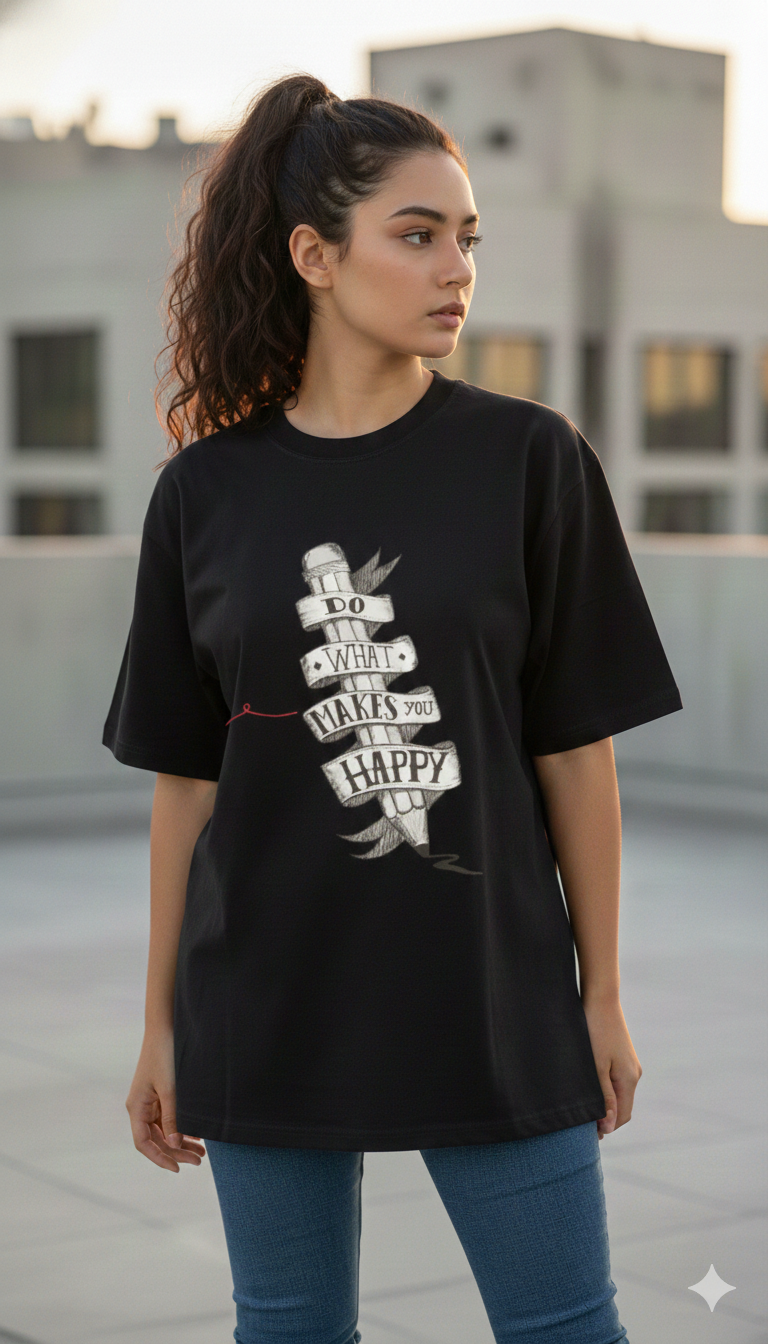 DO WHAT MAKES YOU HAPPY PRINTED COTTON ROUND NECK OVERSIZE T-SHIRTS