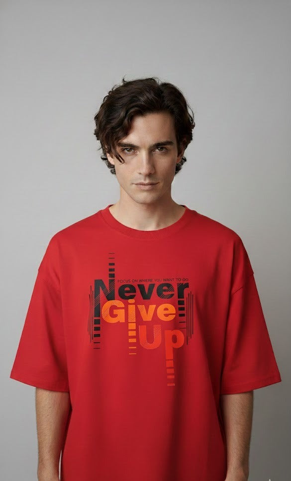 NEVER GIVE UP ORANGE PRINTED COTTON ROUND NECK OVERSIZE T-SHIRTS