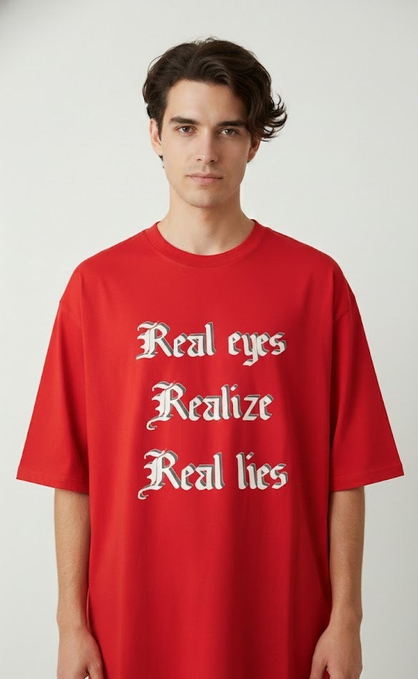 REAL EYE REALIZE PRINTED COTTON ROUND NECK OVERSIZE T-SHIRTS