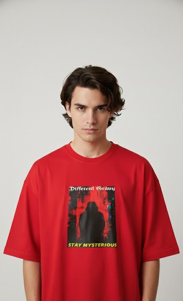 DIFFERENT GRAVY STAY MYSTERIOUS PRINTED COTTON ROUND NECK OVERSIZE T-SHIRTS
