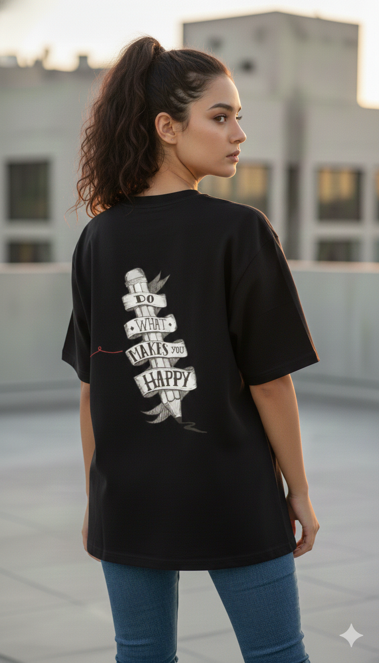 DO WHAT MAKES YOU HAPPY PRINTED COTTON ROUND NECK OVERSIZE T-SHIRTS BACK