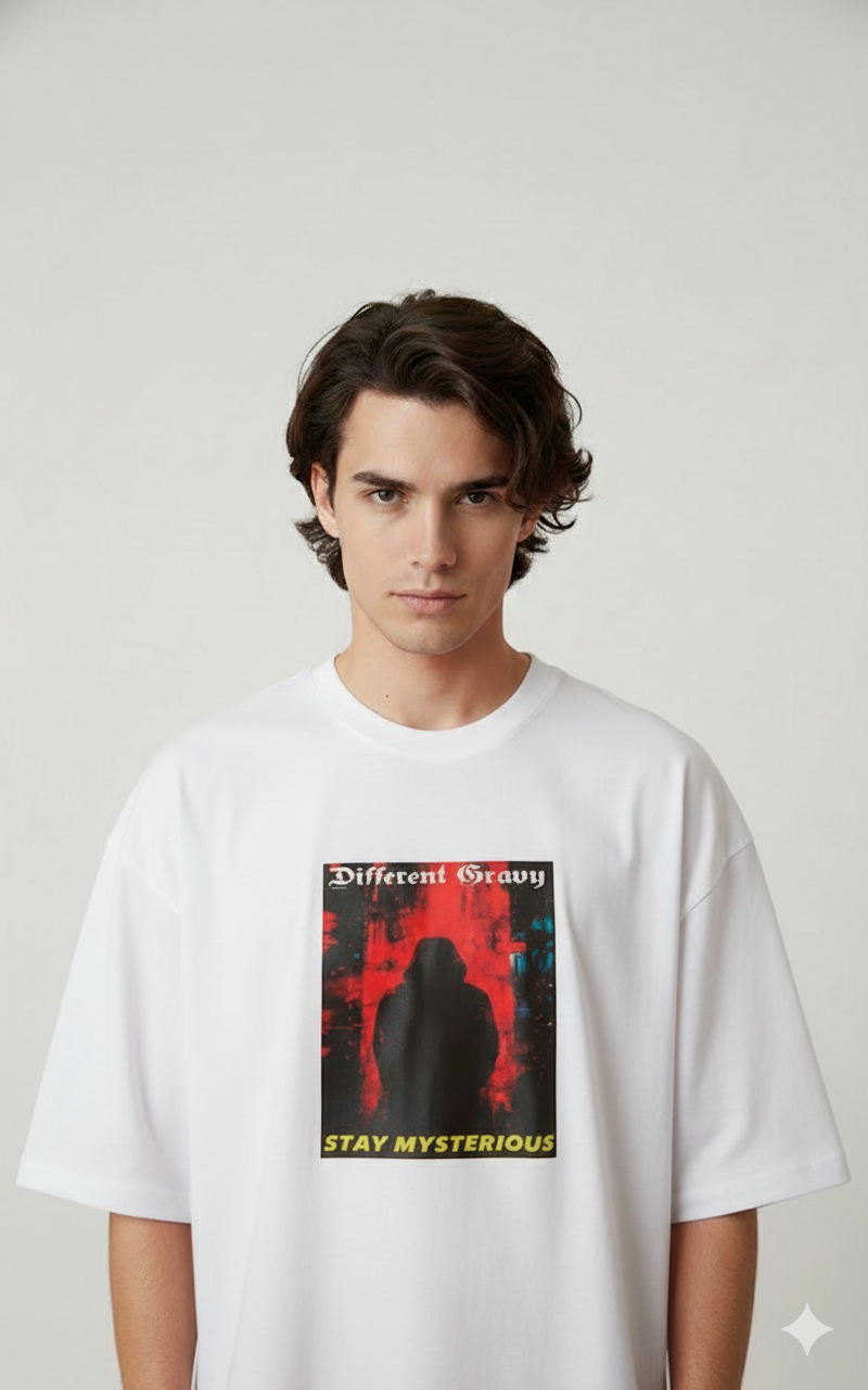 DIFFERENT GRAVY STAY MYSTERIOUS PRINTED COTTON ROUND NECK OVERSIZE T-SHIRTS