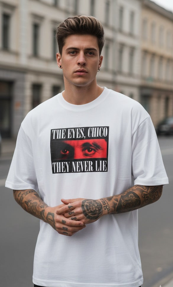 THE EYES CHICO THEY NEVER LIE PRINTED COTTON ROUND NECK OVERSIZE T-SHIRTS