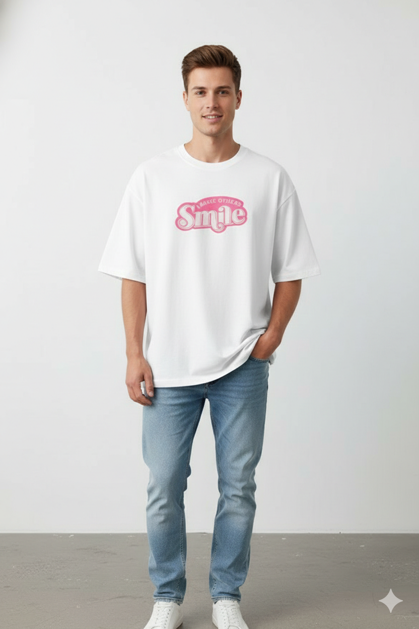 I MAKE OTHERS SMILE PRINTED COTTON ROUND NECK OVERSIZE T-SHIRTS