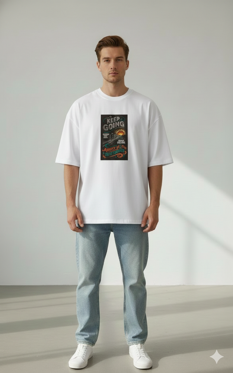 KEEP GOING PRINTED COTTON ROUND NECK OVERSIZE T-SHIRTS