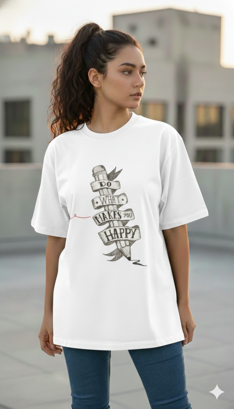 DO WHAT MAKES YOU HAPPY PRINTED COTTON ROUND NECK OVERSIZE T-SHIRTS