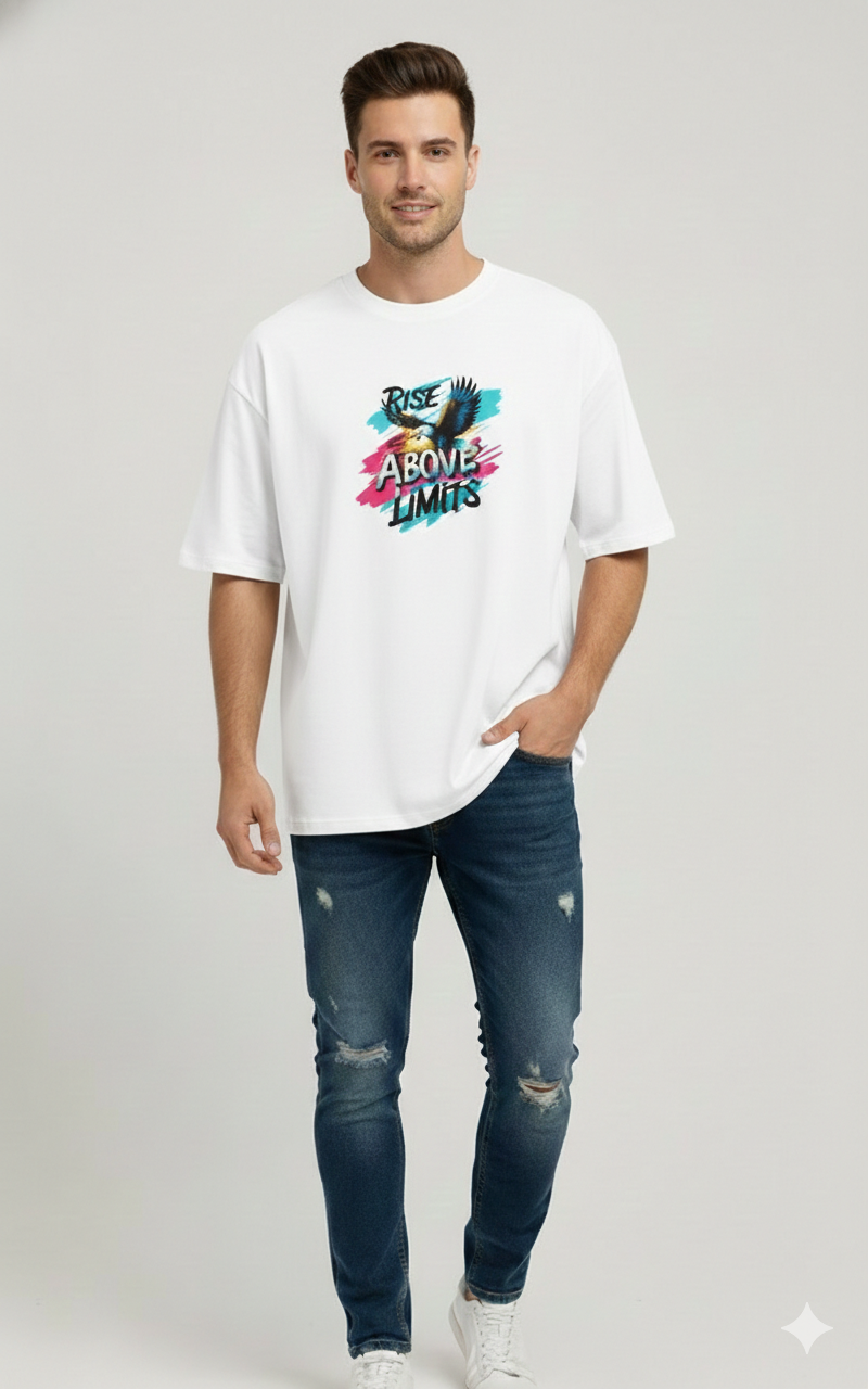 RISE ABOVE LIMITS PRINTED COTTON ROUND NECK OVERSIZE T-SHIRTS