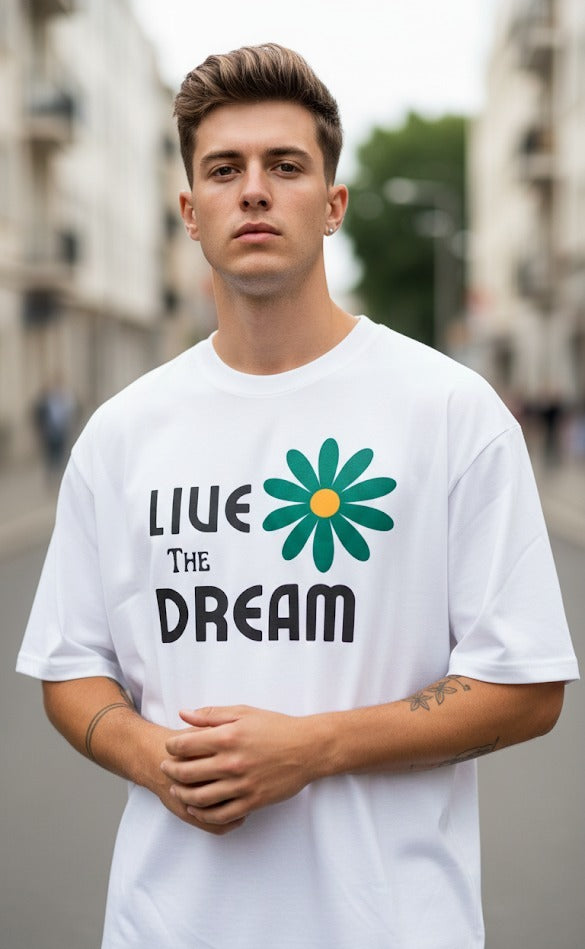 LIVE THE DREAM PRINTED COTTON ROUND NECK OVERSIZE T-SHIRTS