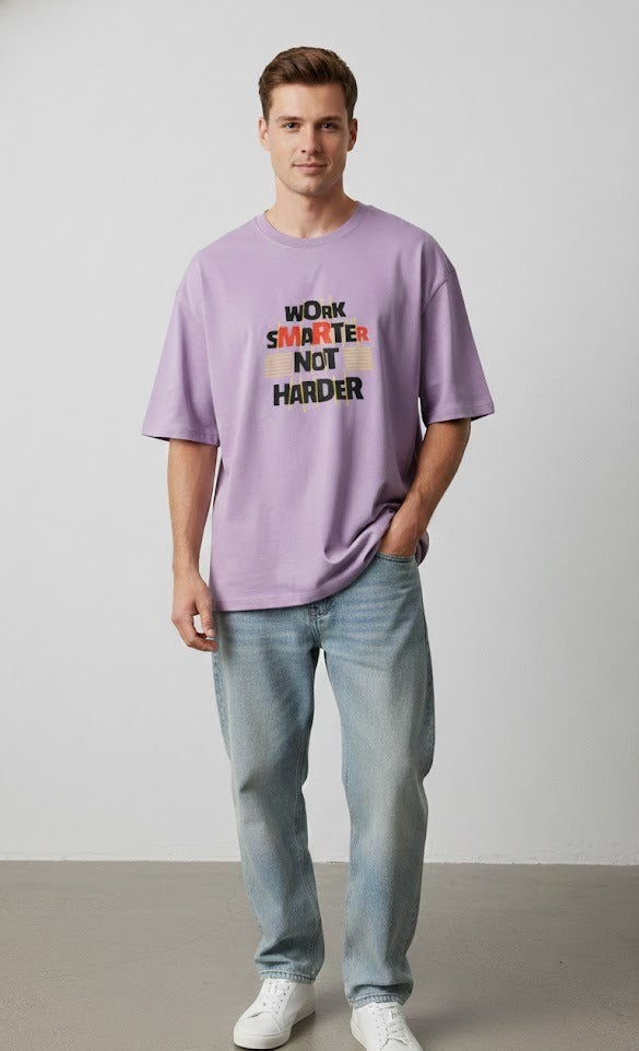 WORK SMARTER NOT HARDER PRINTED COTTON ROUND NECK OVERSIZE T-SHIRTS