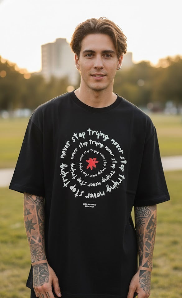 NEVER STOP TRYING PRINTED COTTON ROUND NECK OVERSIZE T-SHIRTS