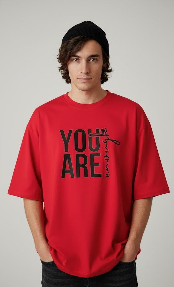 YOU ARE ENOUGH PRINTED COTTON ROUND NECK OVERSIZE T-SHIRTS