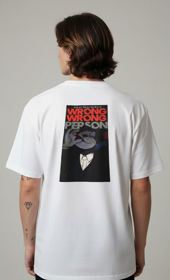 WRONG WRONG PERSON PRINTED COTTON ROUND NECK OVERSIZE T-SHIRTS BACK