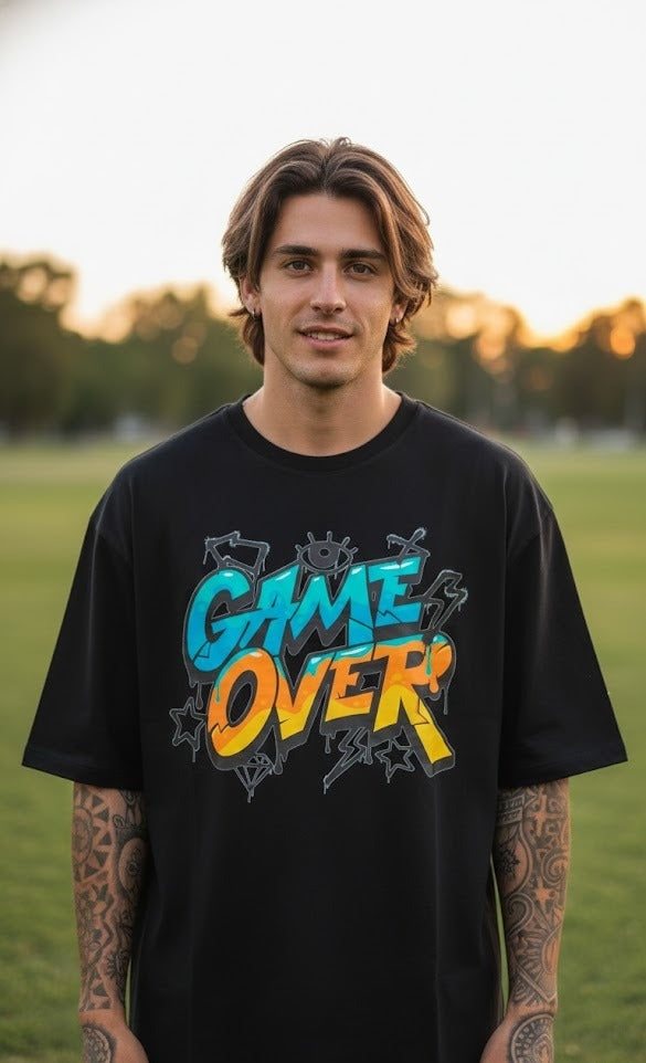 GAME OVER PRINTED COTTON ROUND NECK OVERSIZE T-SHIRTS