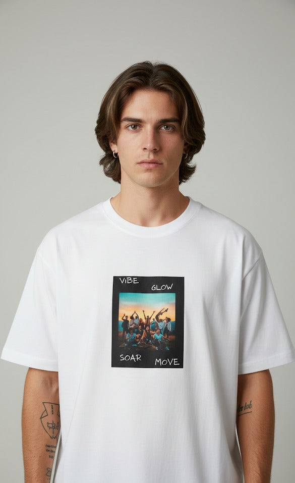 VIBE GLOW SOAR MOVE PRINTED COTTON ROUND NECK OVERSIZE T-SHIRTS