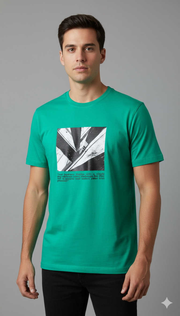 YOUR JOURNEY BEGINS PRINTED COTTON ROUND NECK T-SHIRT
