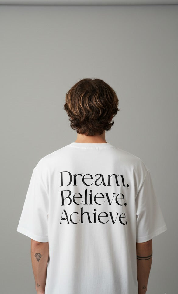 DREAM BELIEVE ACHIEVE PRINTED COTTON ROUND NECK OVERSIZE T-SHIRTS BACK