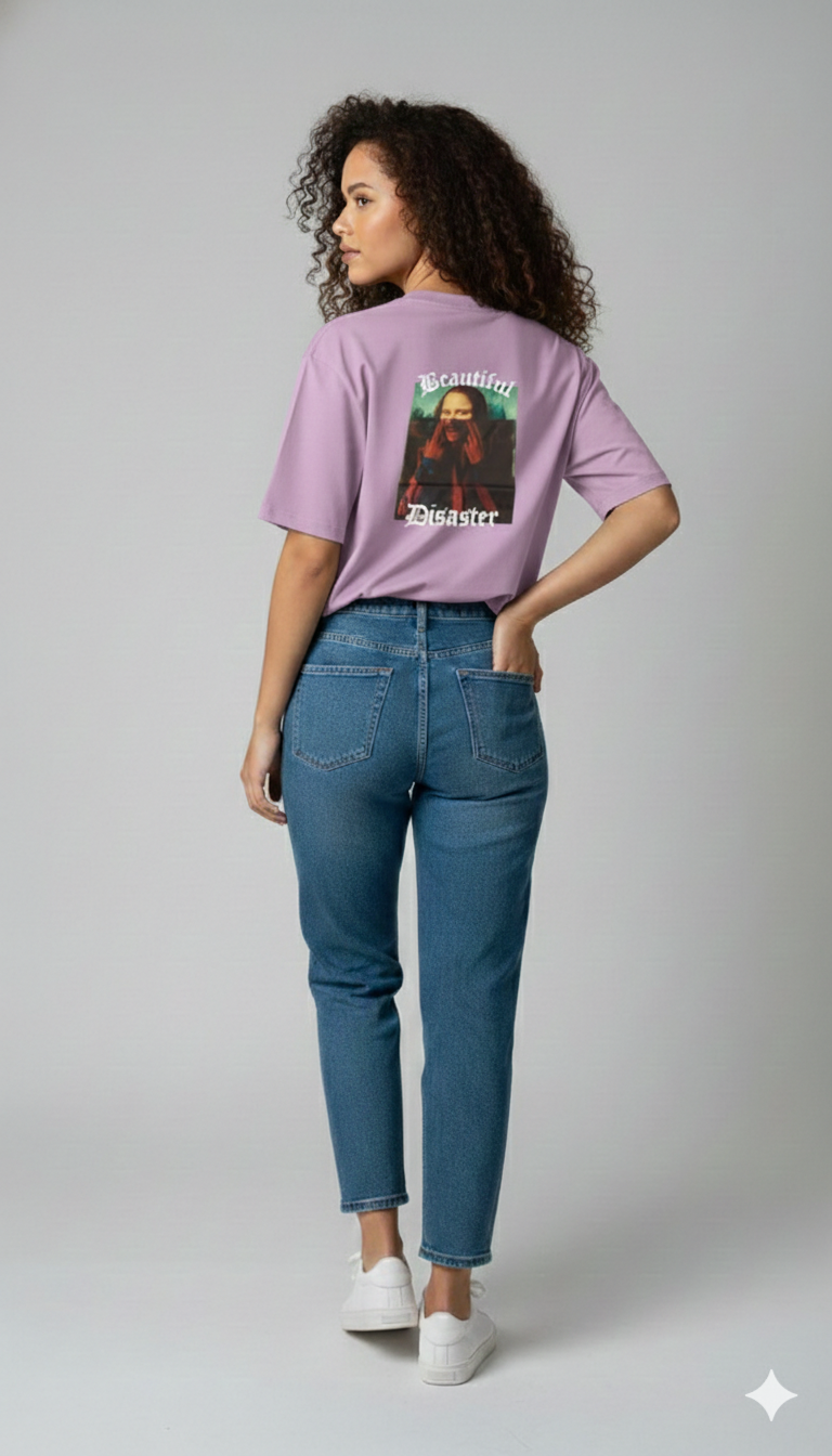 BEAUTIFUL DISASTER PRINTED COTTON ROUND NECK OVERSIZE T-SHIRTS BACK