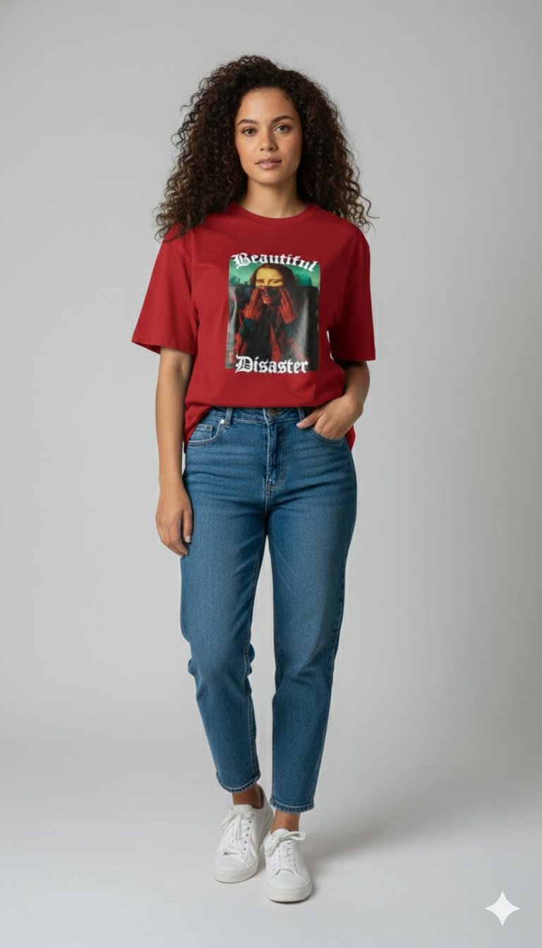 BEAUTIFUL DISASTER PRINTED COTTON ROUND NECK OVERSIZE T-SHIRTS