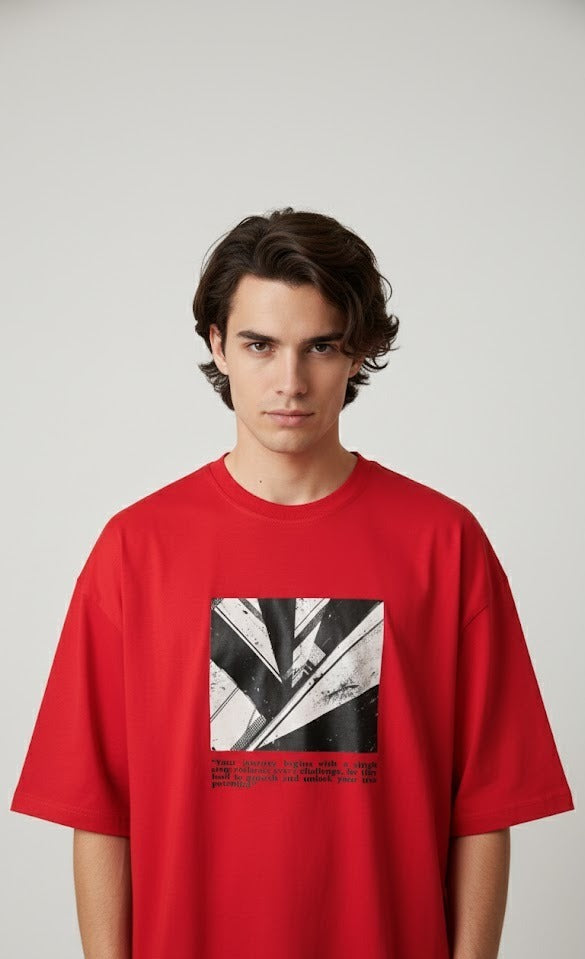 YOUR JOURNEY BEGINS PRINTED COTTON ROUND NECK OVERSIZE T-SHIRTS