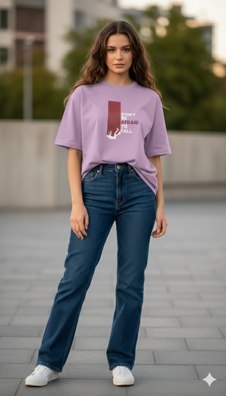 DON'T BE AFRAID TO FALL PRINTED COTTON ROUND NECK OVERSIZE T-SHIRTS