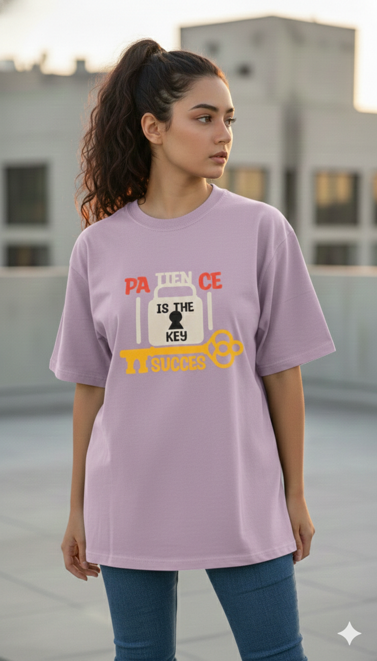 PATIENCE IS THE KEY TO SUCCES PRINTED COTTON ROUND NECK OVERSIZE T-SHIRTS