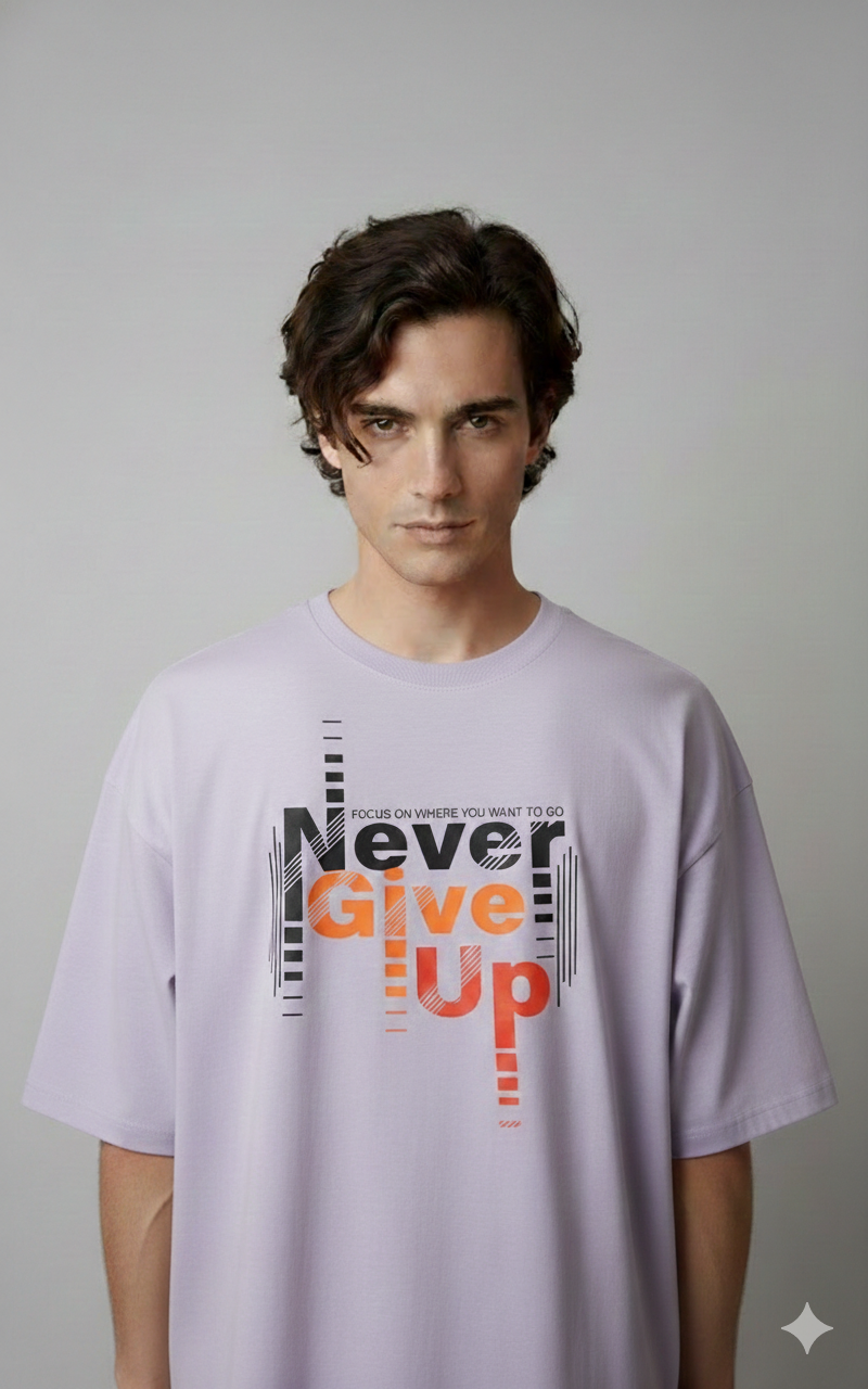 NEVER GIVE UP ORANGE PRINTED COTTON ROUND NECK OVERSIZE T-SHIRTS