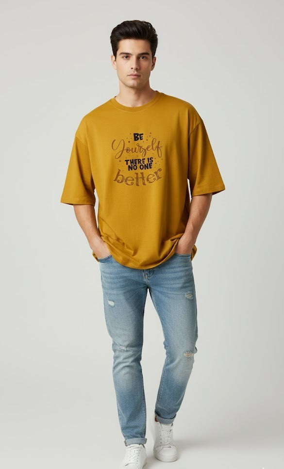BE YOURSELF THERE IS NO  ONE BETTER PRINTED COTTON ROUND NECK OVERSIZE T-SHIRTS FRONT