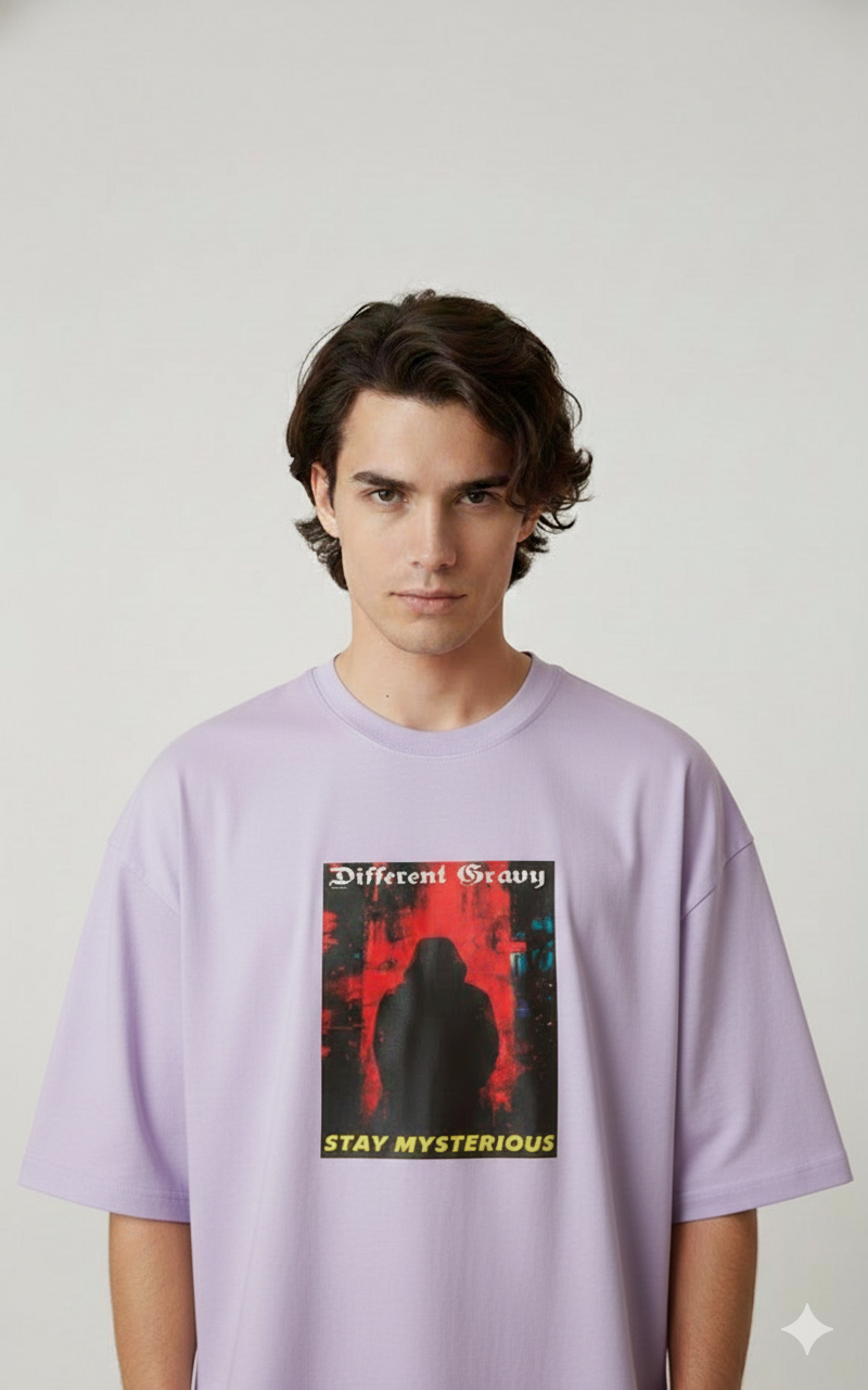DIFFERENT GRAVY STAY MYSTERIOUS PRINTED COTTON ROUND NECK OVERSIZE T-SHIRTS
