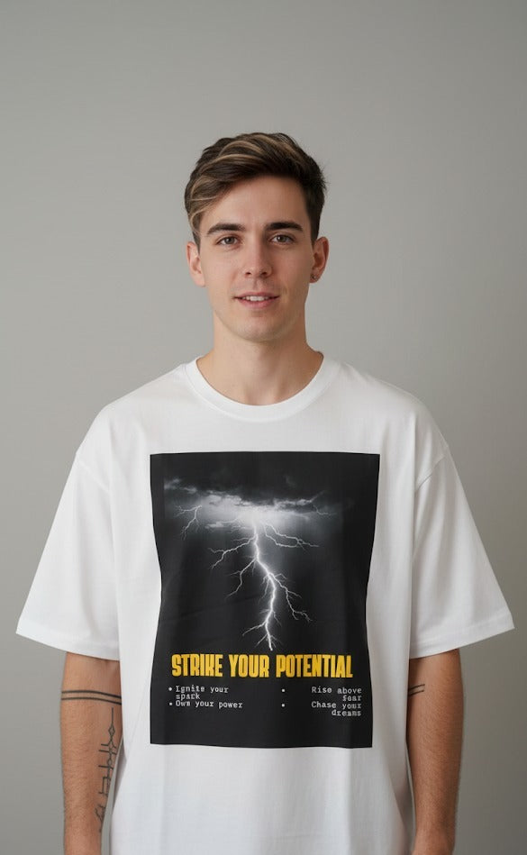 STRIKE YOUR POTENTIAL PRINTED COTTON ROUND NECK OVERSIZE T-SHIRTS