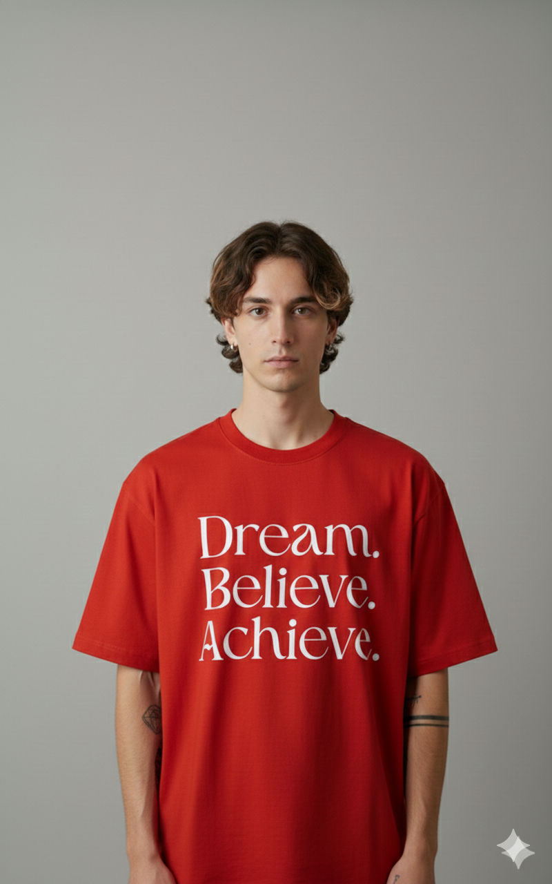 DREAM BELIEVE ACHIEVE PRINTED COTTON ROUND NECK OVERSIZE T-SHIRTS