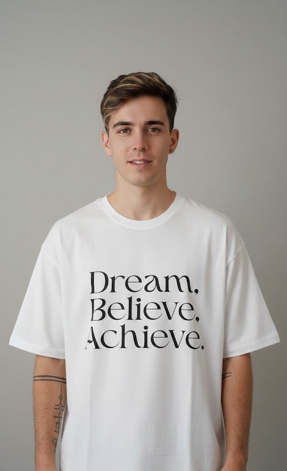 DREAM BELIEVE ACHIEVE PRINTED COTTON ROUND NECK OVERSIZE T-SHIRTS