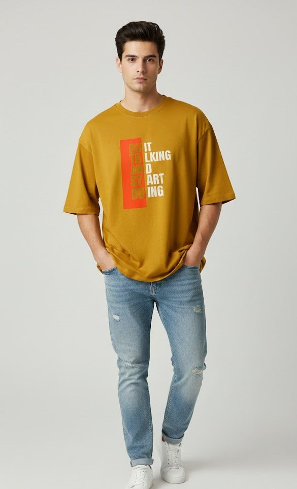 QUIT TALKING PRINTED COTTON ROUND NECK OVERSIZE T-SHIRTS