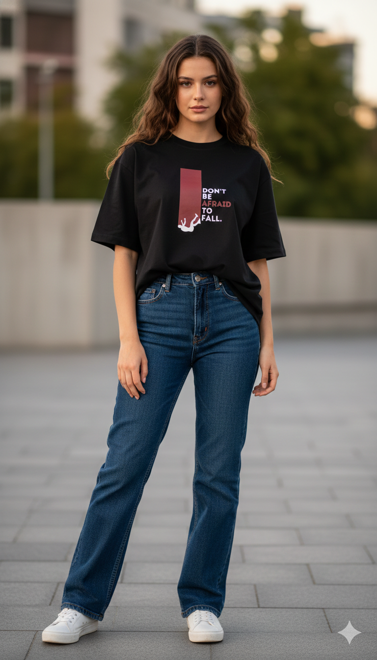 DON'T BE AFRAID TO FALL PRINTED COTTON ROUND NECK OVERSIZE T-SHIRTS