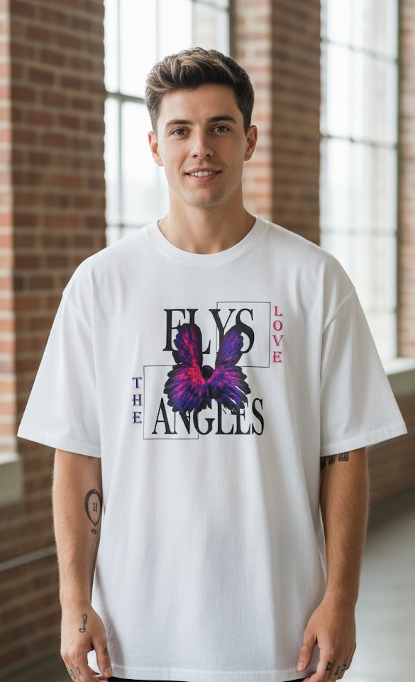 FLY ANGLES FRONT PRINTED COTTON ROUND NECK OVERSIZE T-SHIRTS