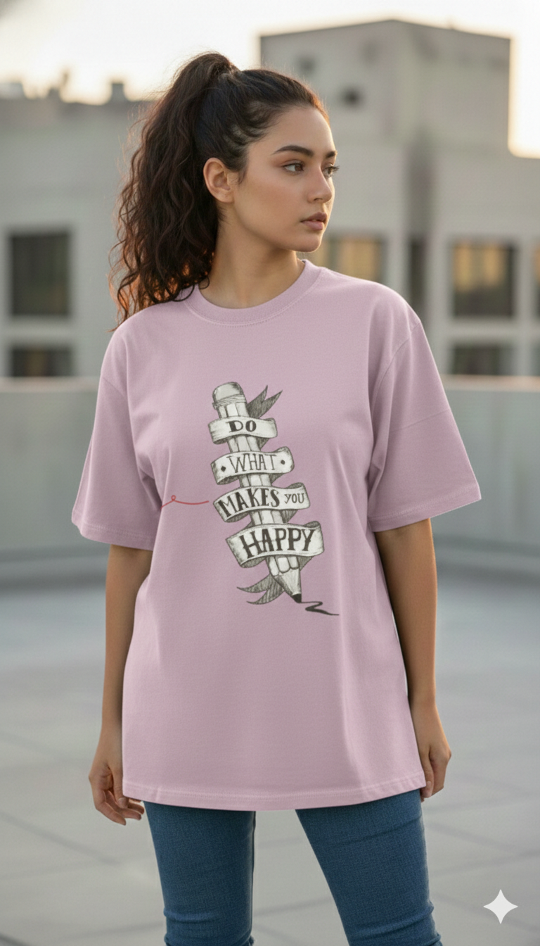 DO WHAT MAKES YOU HAPPY PRINTED COTTON ROUND NECK OVERSIZE T-SHIRTS