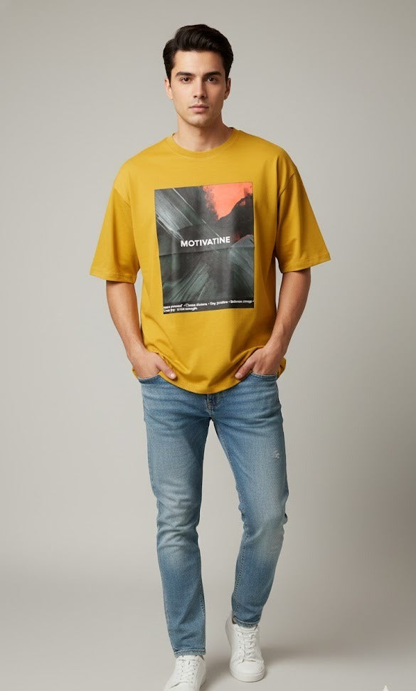MOTIVATINE PRINTED COTTON ROUND NECK OVERSIZE T-SHIRTS