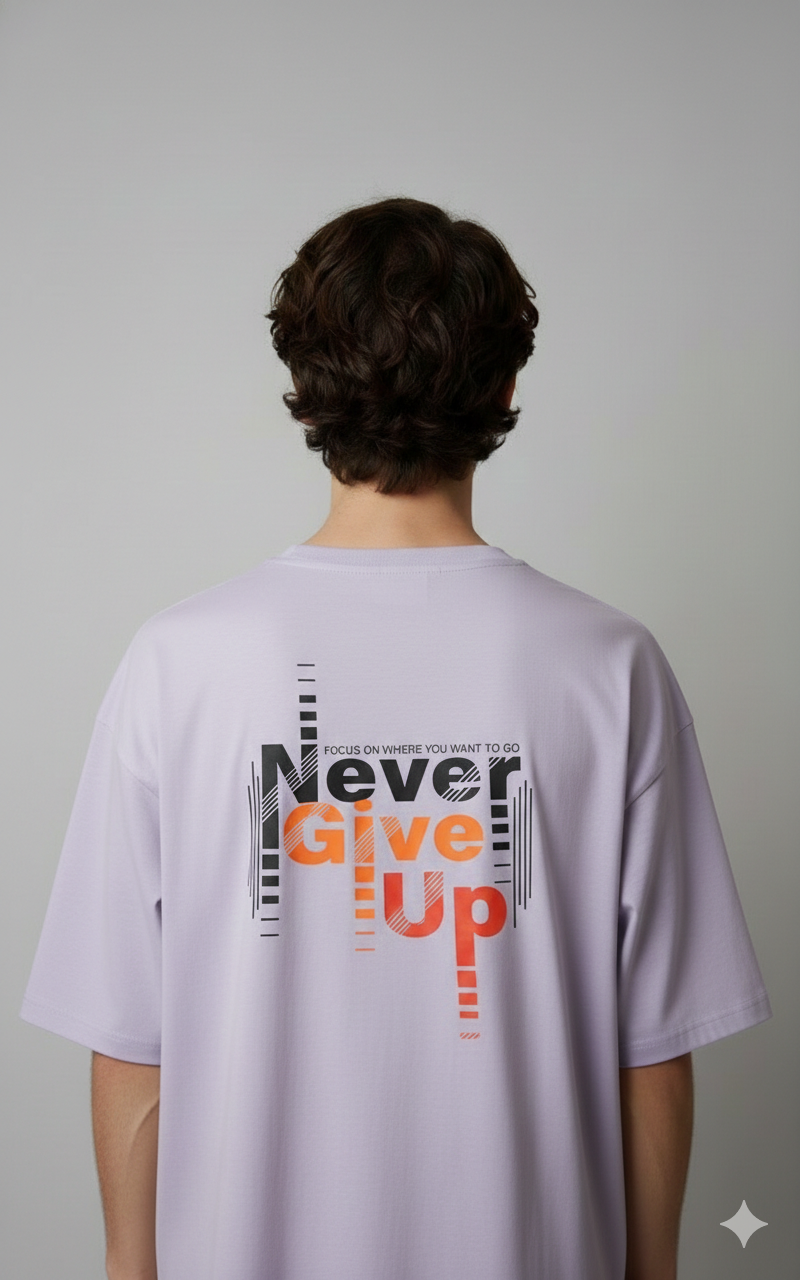 NEVER GIVE UP ORANGE PRINTED COTTON ROUND NECK OVERSIZE T-SHIRTS BACK