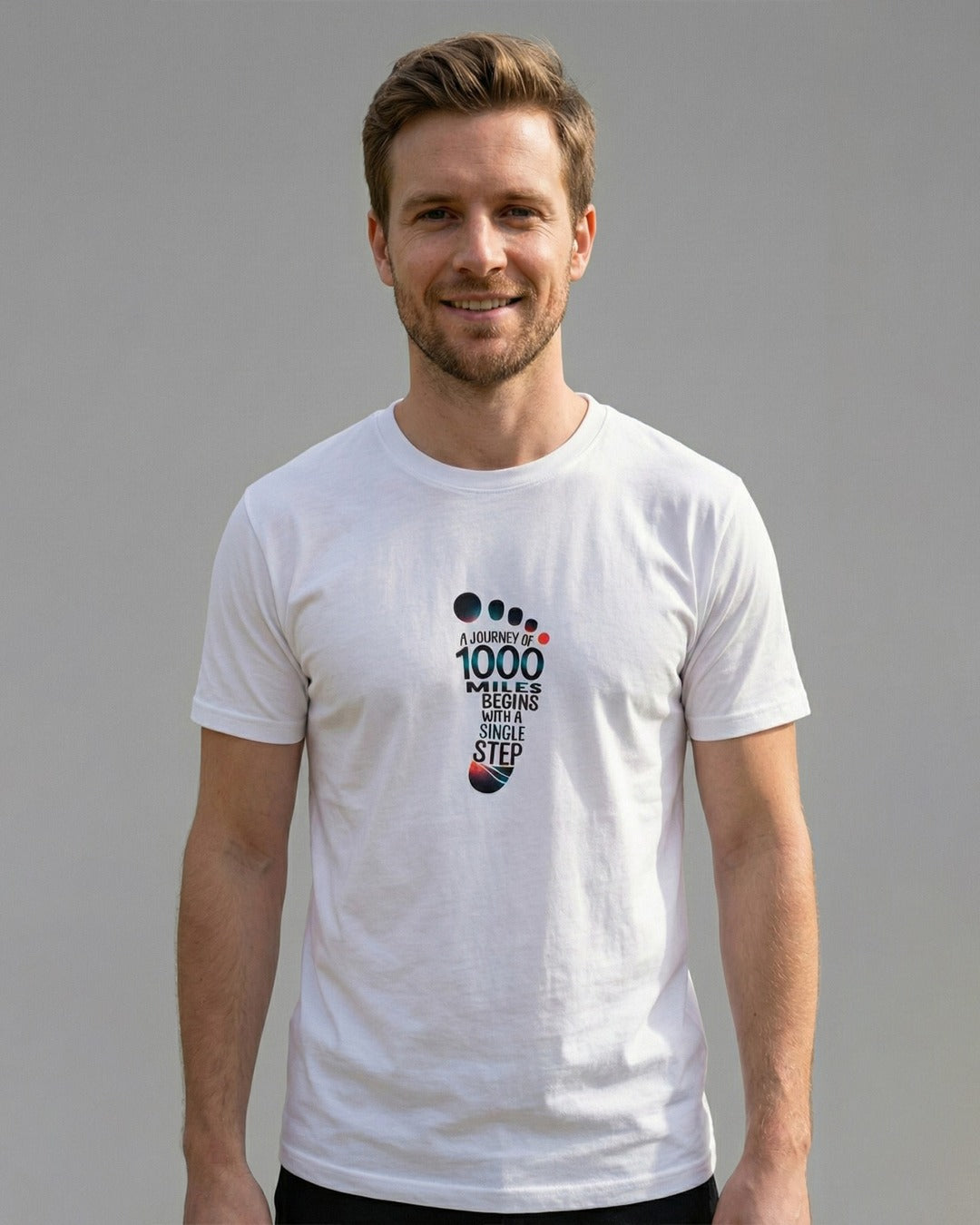 A JOURNEY OF THOUSAND MILES PRINTED COTTON ROUND NECK T-SHIRT