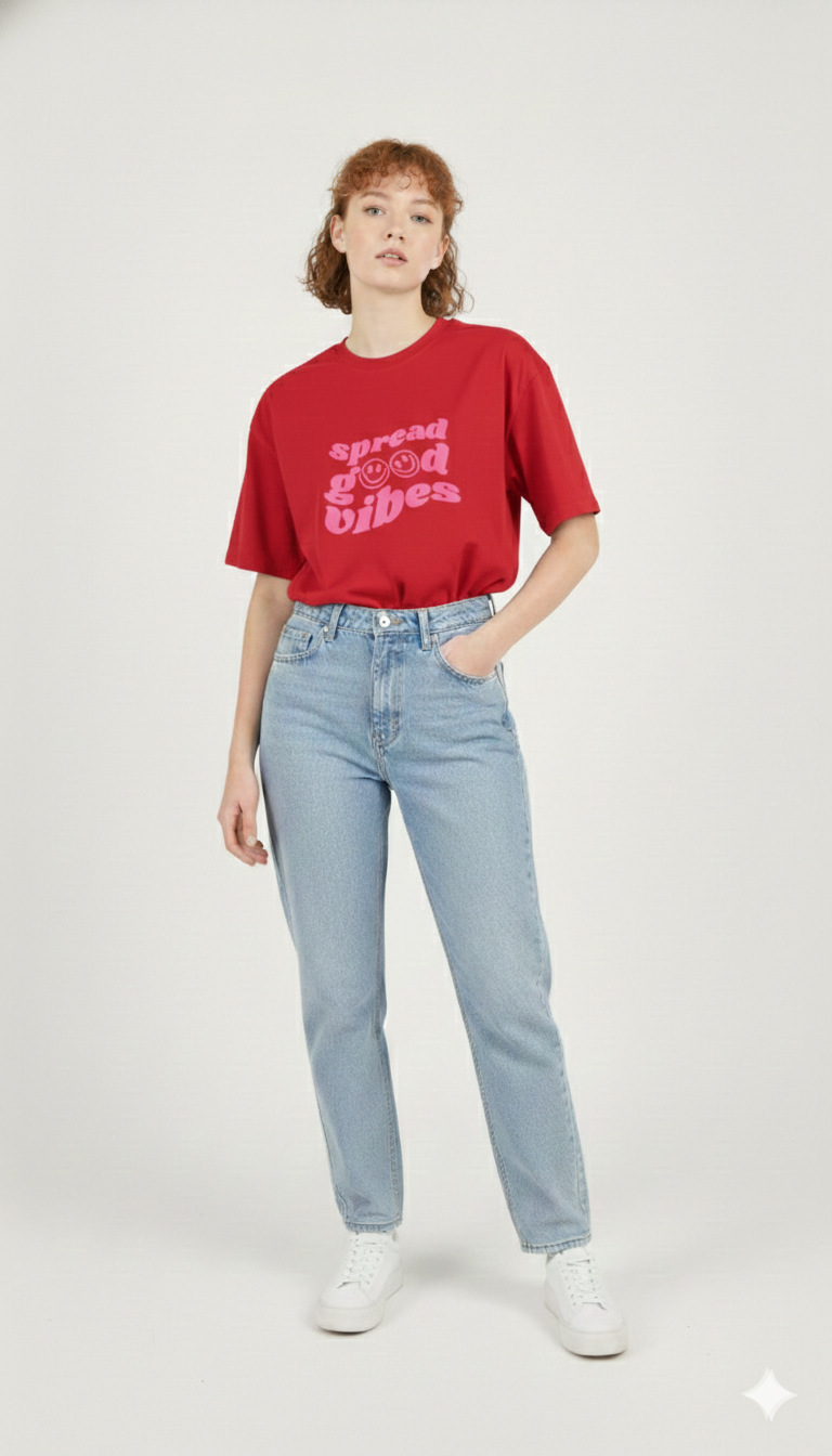 SPREAD GOOD VIBES PRINTED COTTON ROUND NECK OVERSIZE T-SHIRTS