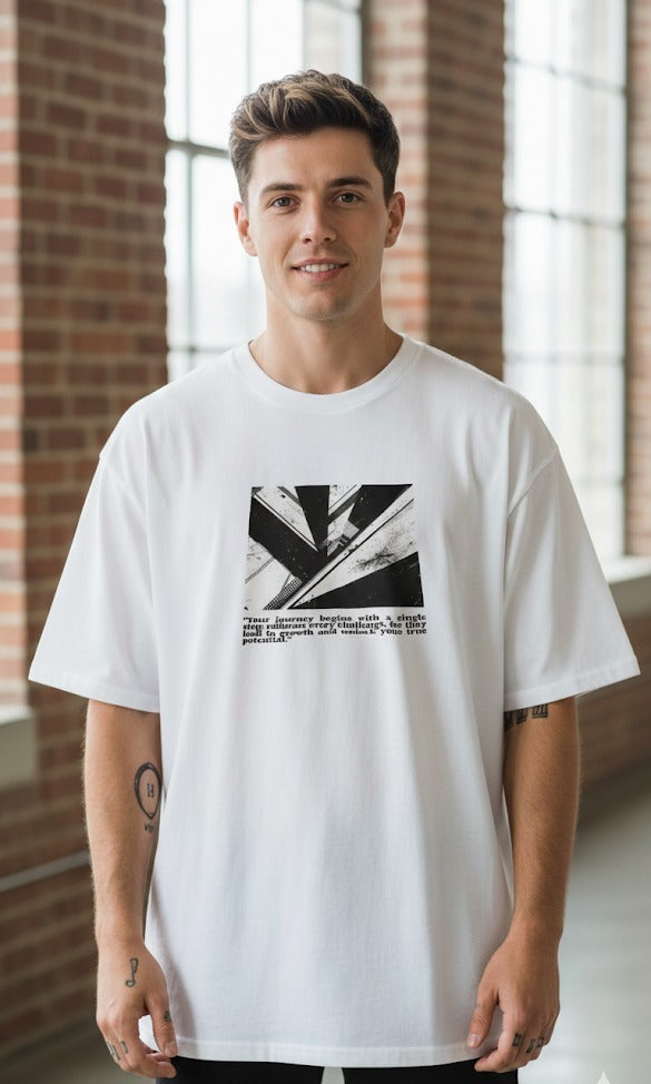 YOUR JOURNEY BEGINS PRINTED COTTON ROUND NECK OVERSIZE T-SHIRTS