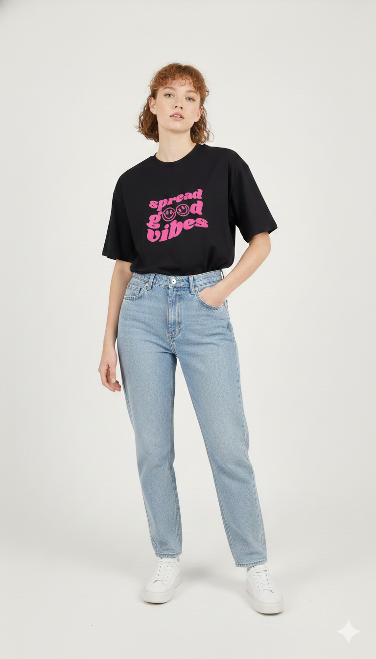 SPREAD GOOD VIBES PRINTED COTTON ROUND NECK OVERSIZE T-SHIRTS