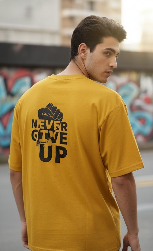 NEVER GIVE UP PRINTED COTTON ROUND NECK OVERSIZE T-SHIRTS BACK