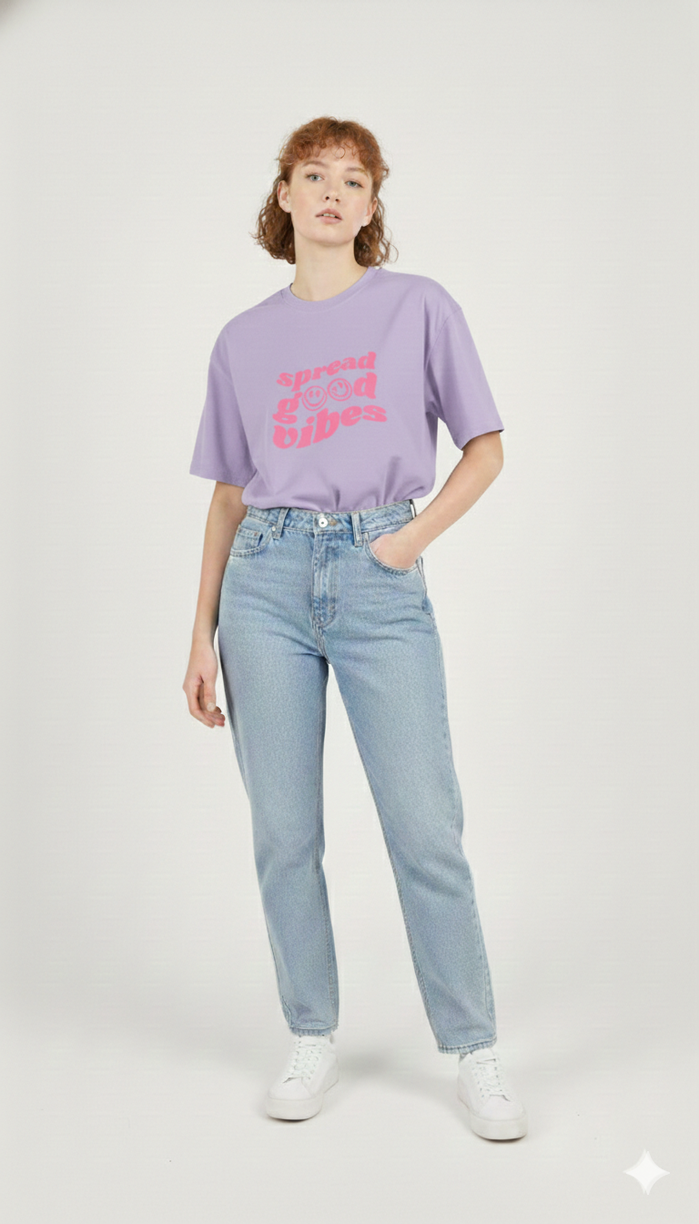 SPREAD GOOD VIBES PRINTED COTTON ROUND NECK OVERSIZE T-SHIRTS