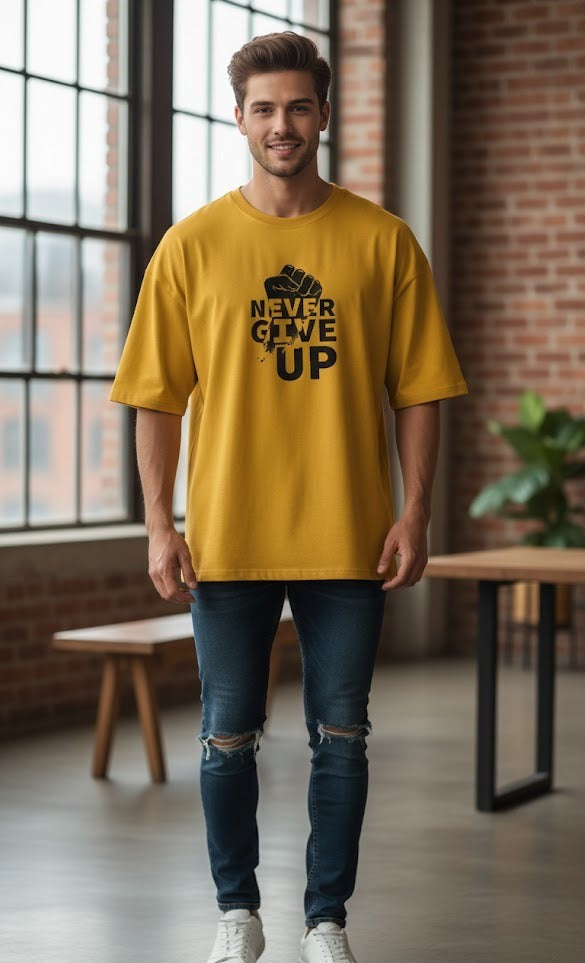 NEVER GIVE UP PRINTED COTTON ROUND NECK OVERSIZE T-SHIRTS