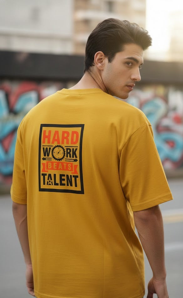 HARDWORK BEATS TALENT PRINTED COTTON ROUND NECK OVERSIZE T-SHIRTS BACK