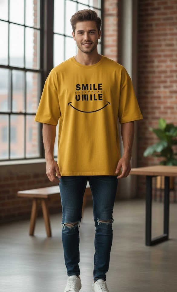 SMILE EVERYTIME PRINTED COTTON ROUND NECK OVERSIZE T-SHIRTS