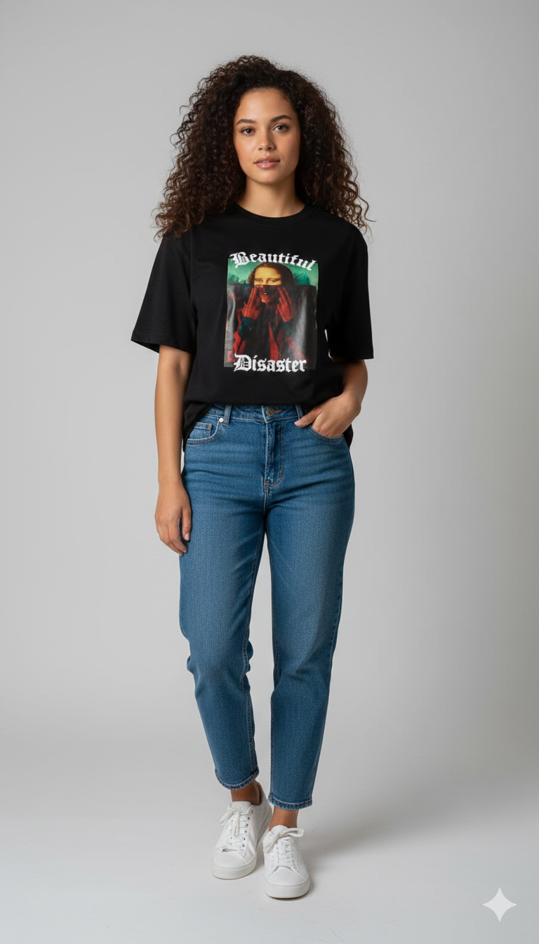BEAUTIFUL DISASTER PRINTED COTTON ROUND NECK OVERSIZE T-SHIRTS