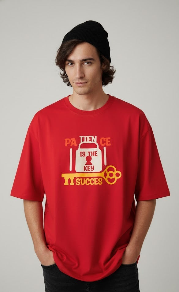 PATIENCE IS THE KEY TO SUCCES PRINTED COTTON ROUND NECK OVERSIZE T-SHIRTS
