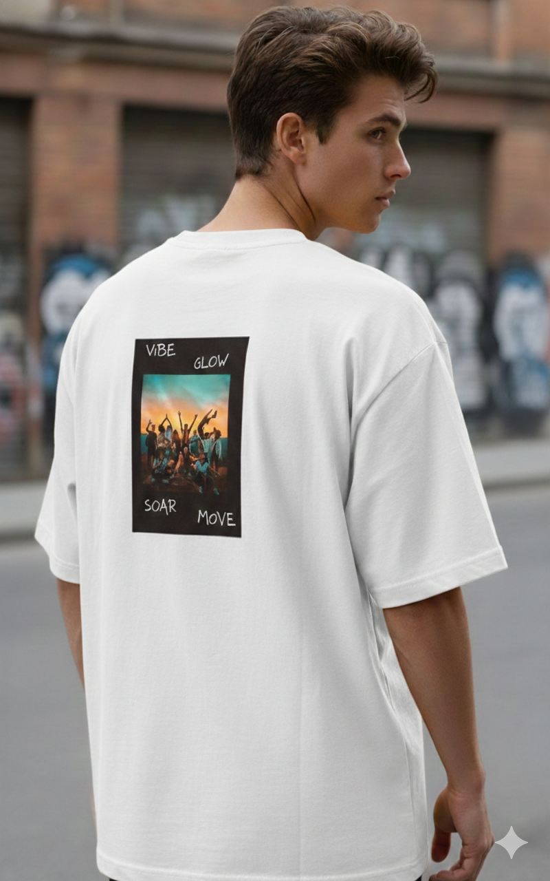 VIBE GLOW SOAR MOVE PRINTED COTTON ROUND NECK OVERSIZE T-SHIRTS BACK