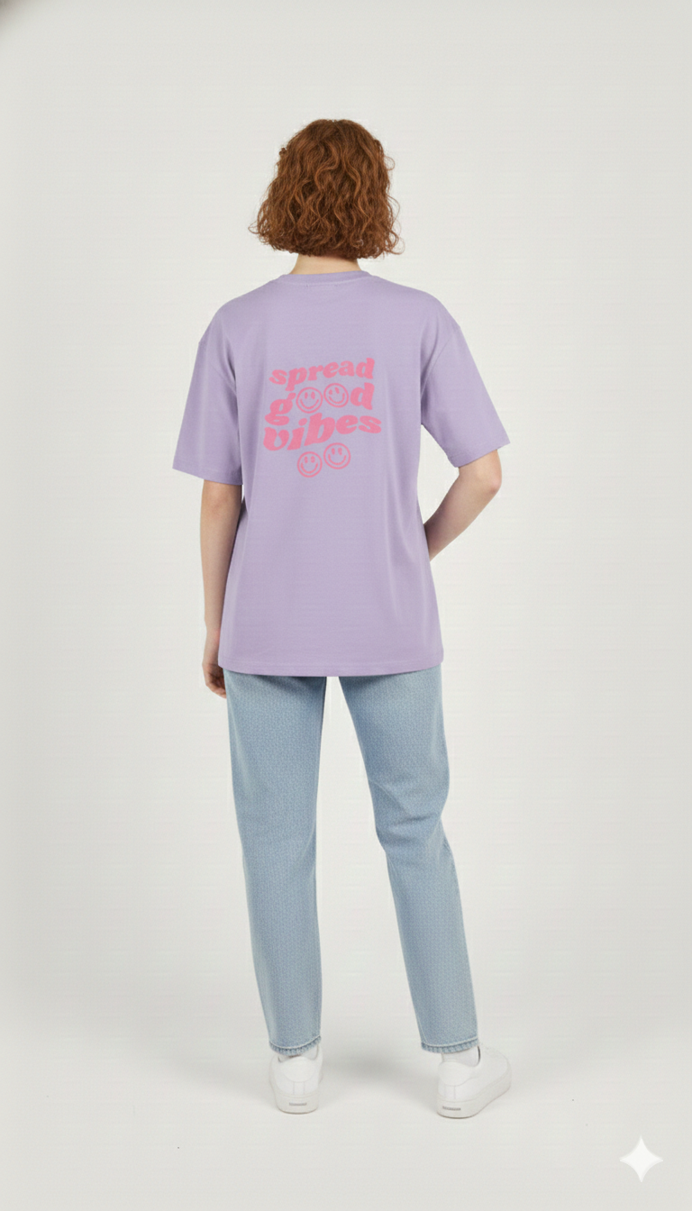 SPREAD GOOD VIBES PRINTED COTTON ROUND NECK OVERSIZE T-SHIRTS BACK